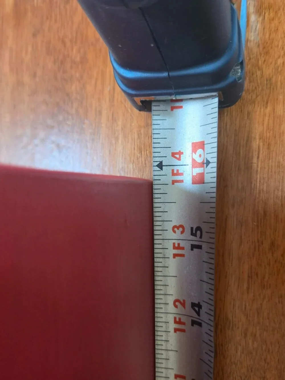 red wooden shelf with 5 hooks nice size has hooks on back to hang